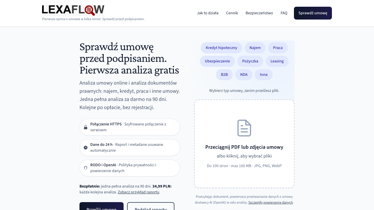 Podgląd strony LexaFlow – analiza umowy online