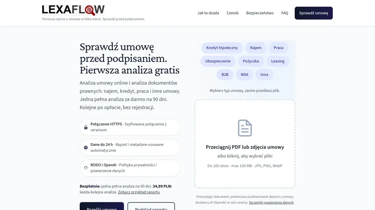 Podgląd strony LexaFlow – analiza umowy online